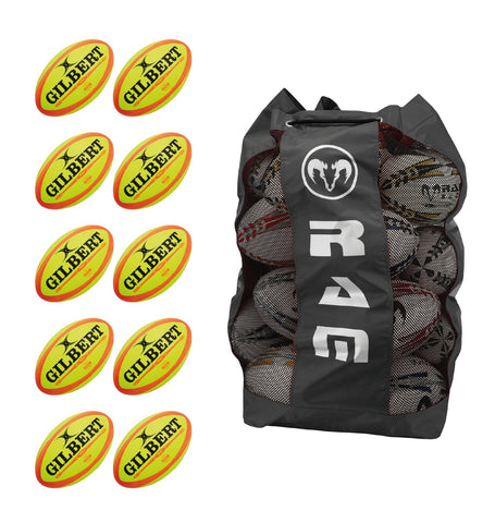 Ram Rugby-Gilbert Omega Fluoro Match Ball Bundle - 10 x balls and bag