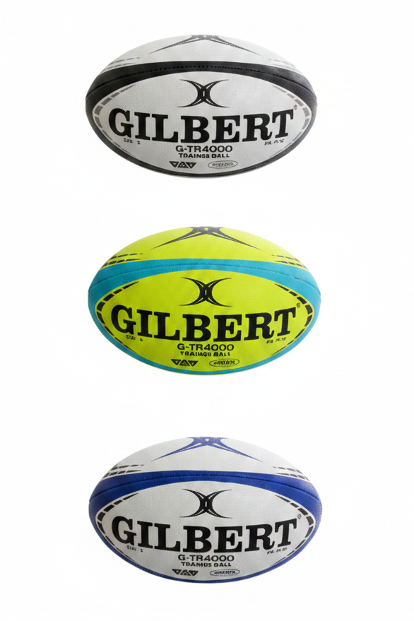 Three Gilbert rugby balls of different sizes on a white background