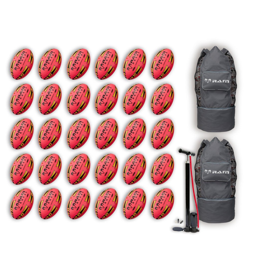 Ram Rugby-Gripper 2.0 Pro Trainer Neon Pink Ball Bundle - 30 x balls and 2 bags