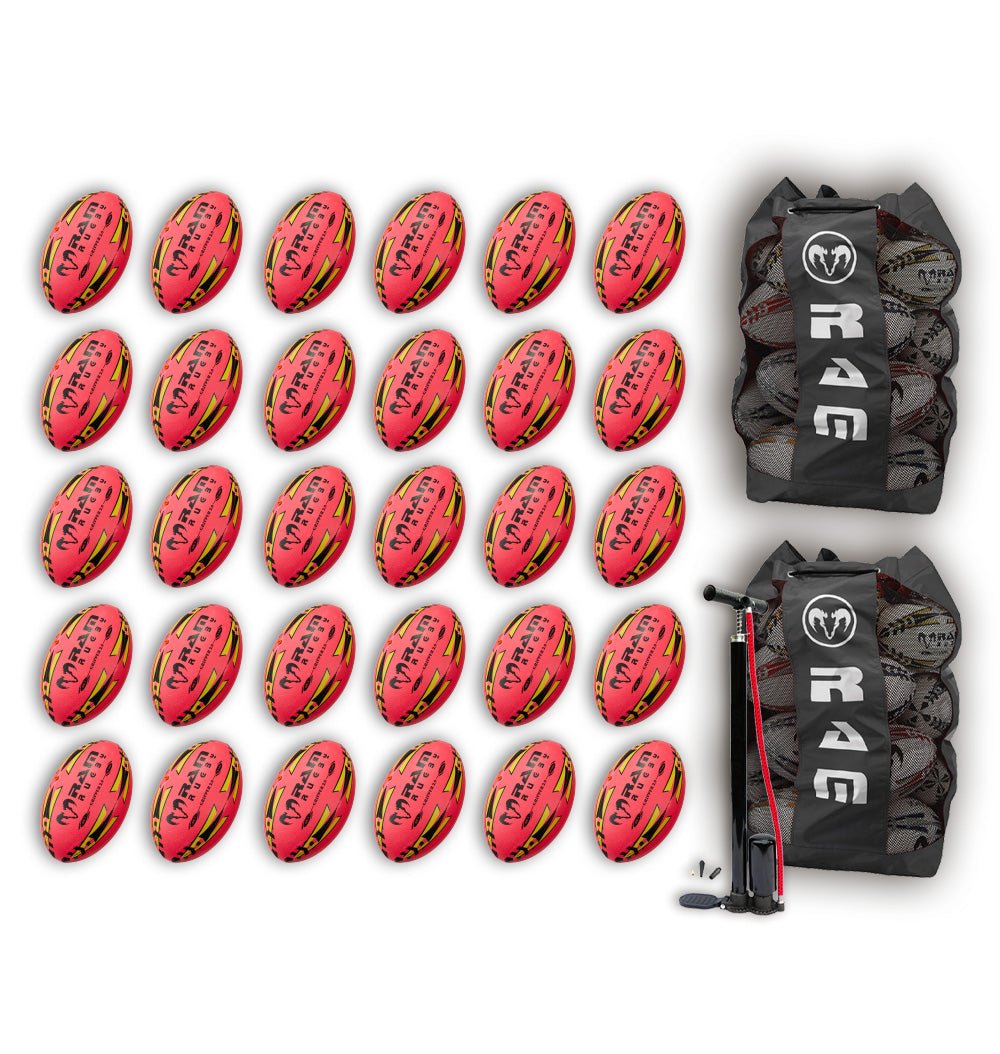 Ram Rugby-Gripper 2.0 Pro Trainer Neon Pink Ball Bundle - 30 x balls and 2 bags