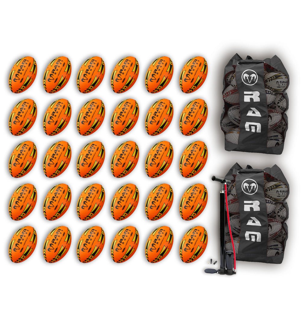Ram Rugby-Gripper 2.0 Pro Trainer Neon Yellow, Orange & Green Ball Bundle - 30 x balls and 2 bags