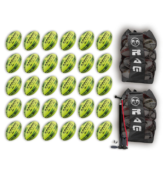 Ram Rugby-Gripper 2.0 Pro Trainer Neon Yellow, Orange & Green Ball Bundle - 30 x balls and 2 bags