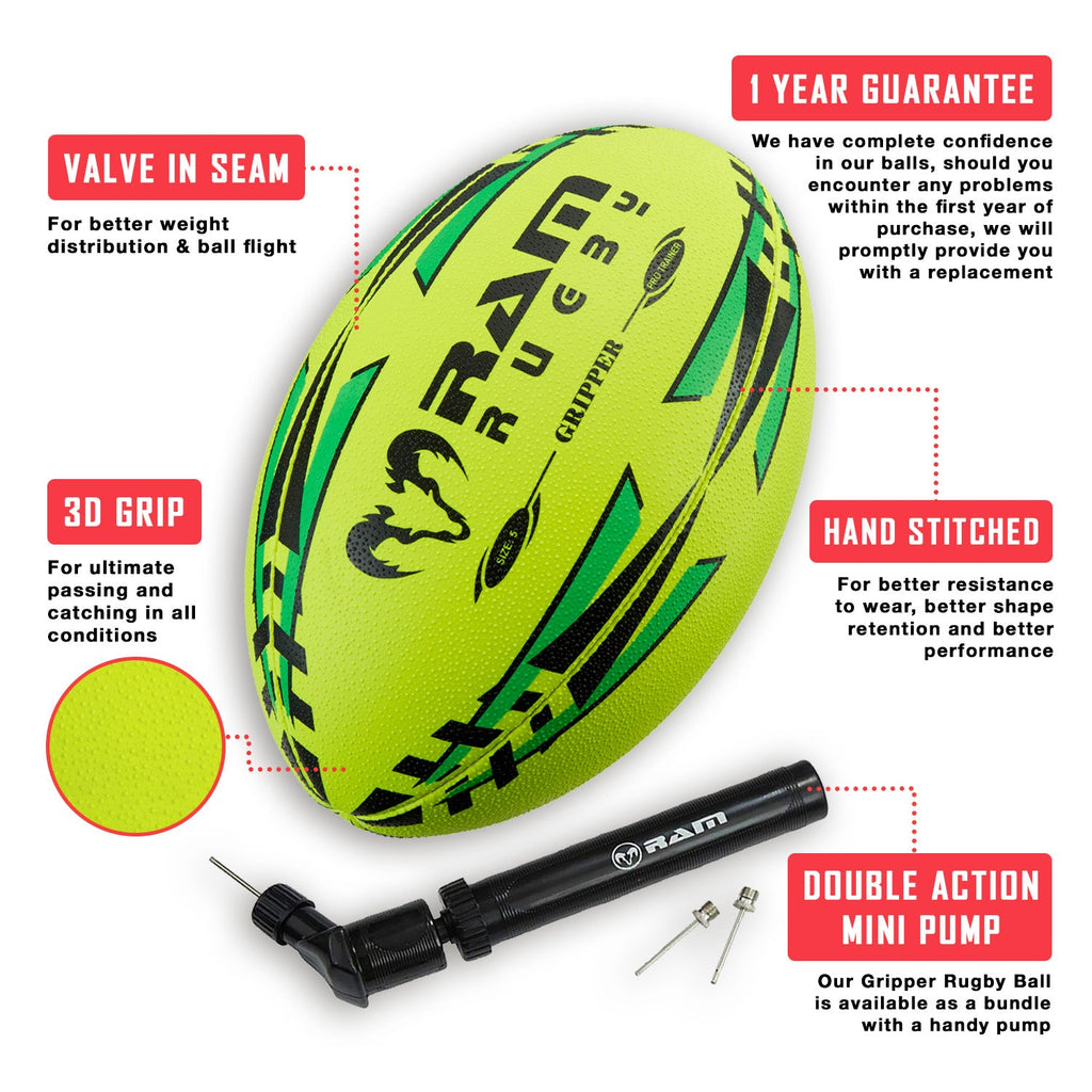 Ram Rugby-Gripper 2.0 Pro Trainer Neon Yellow, Orange & Green Ball Bundle - 30 x balls and 2 bags