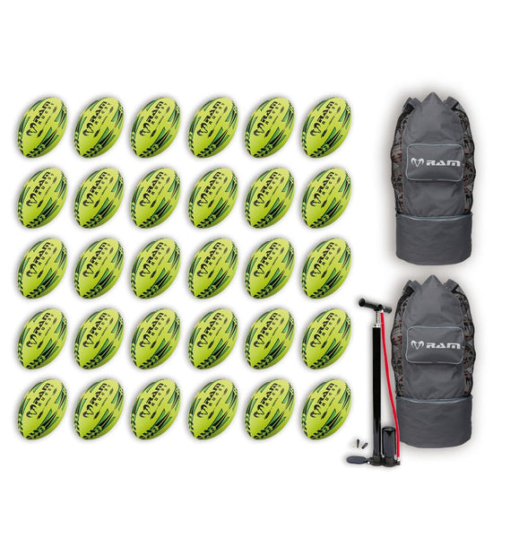 Ram Rugby-Gripper 2.0 Pro Trainer Neon Yellow, Orange & Green Ball Bundle - 30 x balls and 2 bags