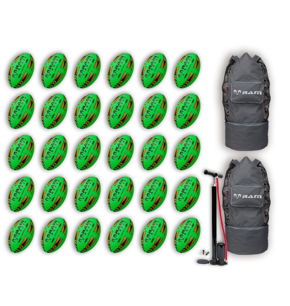 Ram Rugby-Gripper 2.0 Pro Trainer Neon Yellow, Orange & Green Ball Bundle - 30 x balls and 2 bags