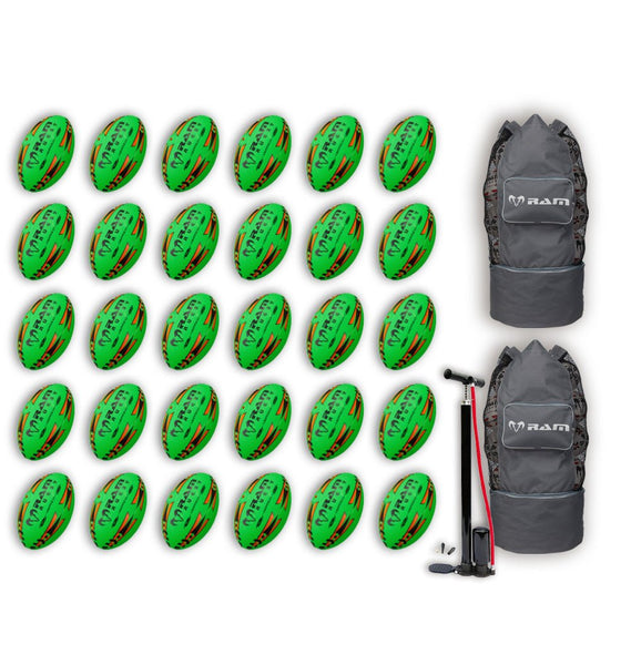 Ram Rugby-Gripper 2.0 Pro Trainer Neon Yellow, Orange & Green Ball Bundle - 30 x balls and 2 bags