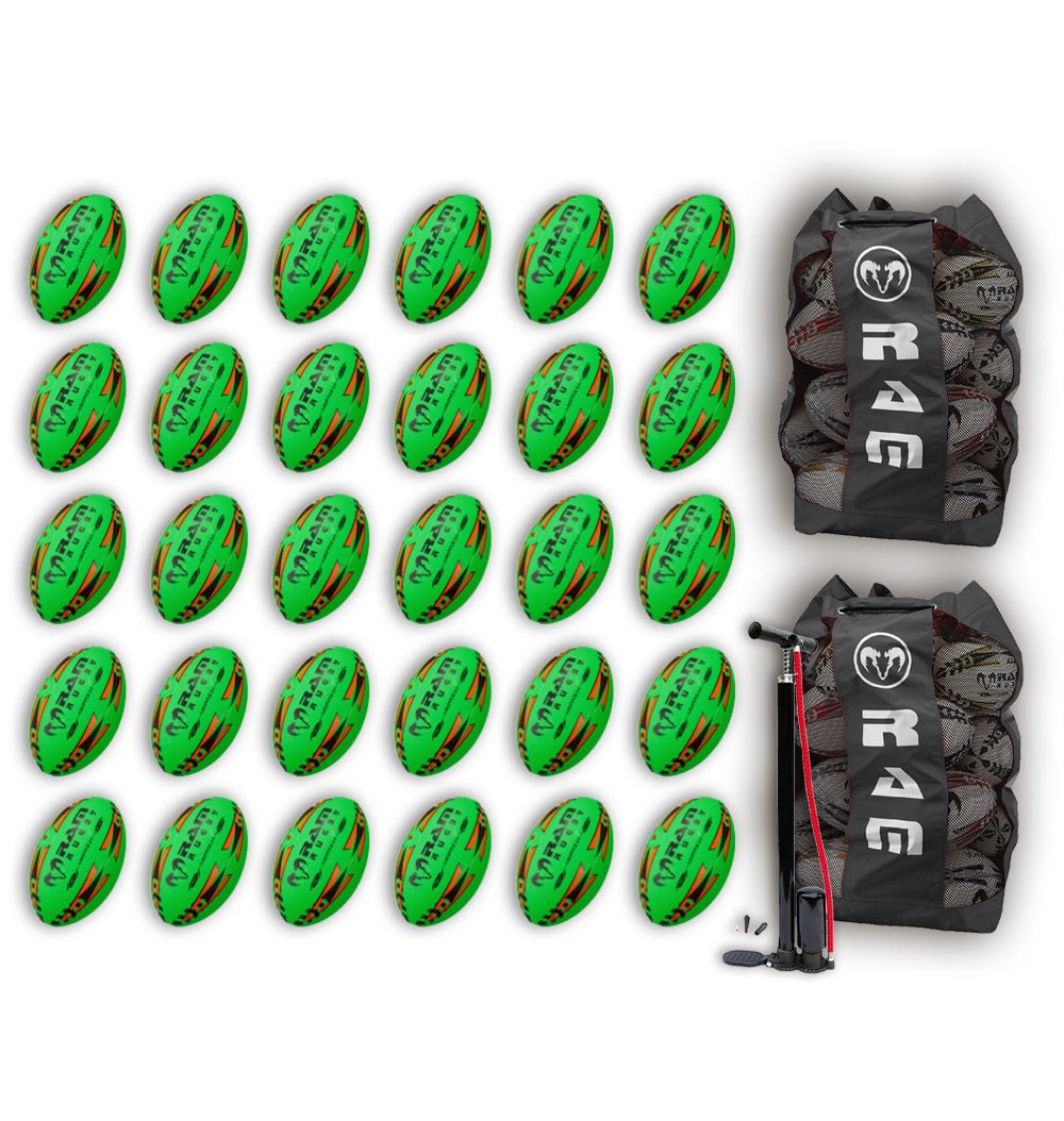 Ram Rugby-Gripper 2.0 Pro Trainer Neon Yellow, Orange & Green Ball Bundle - 30 x balls and 2 bags