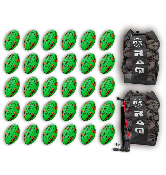 Ram Rugby-Gripper 2.0 Pro Trainer Neon Yellow, Orange & Green Ball Bundle - 30 x balls and 2 bags