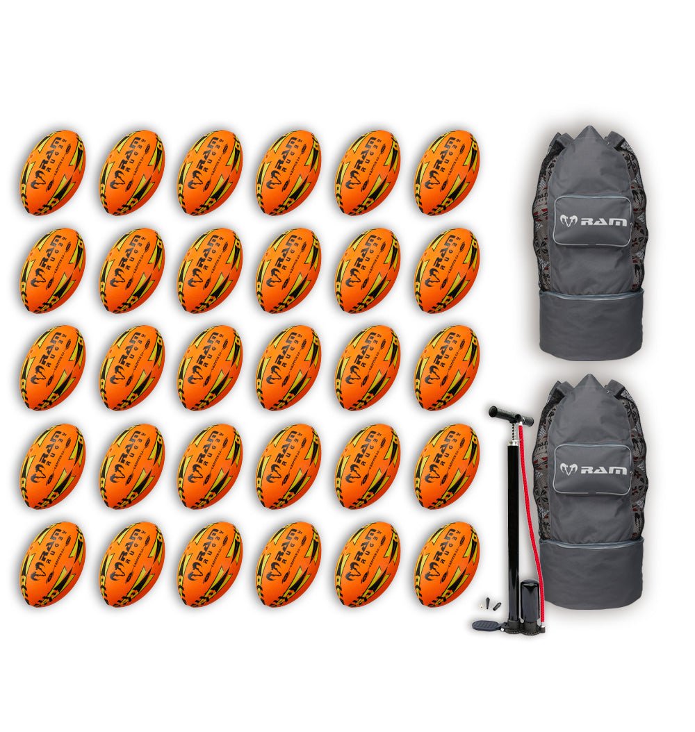Ram Rugby-Gripper 2.0 Pro Trainer Neon Yellow, Orange & Green Ball Bundle - 30 x balls and 2 bags