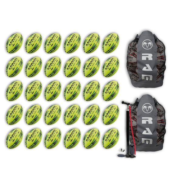 Ram Rugby-Gripper 2.0 Pro Trainer Neon Yellow, Orange & Green Ball Bundle - 30 x balls and 2 bags